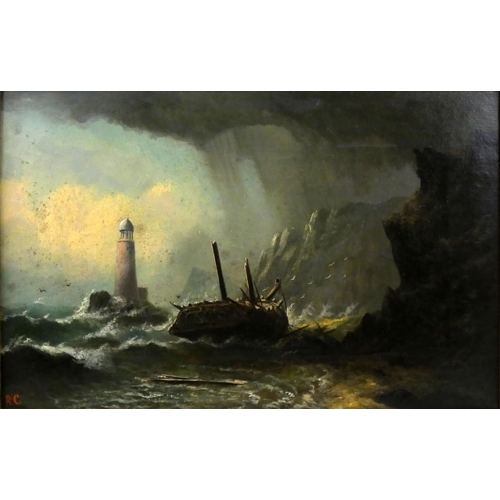 341 - R. Coverdale (20th century), shipwreck by a lighthouse, oil on canvas, initialled RC, 22 x 35 cm, gi... 