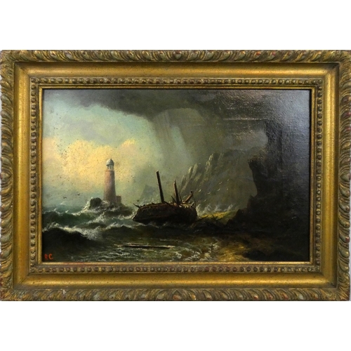 341 - R. Coverdale (20th century), shipwreck by a lighthouse, oil on canvas, initialled RC, 22 x 35 cm, gi... 