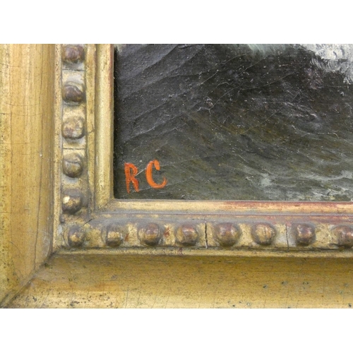 341 - R. Coverdale (20th century), shipwreck by a lighthouse, oil on canvas, initialled RC, 22 x 35 cm, gi... 