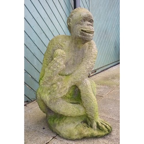 360 - A carved Yorkstone statue of a gorilla with child, height 87cm, please note this is very heavy