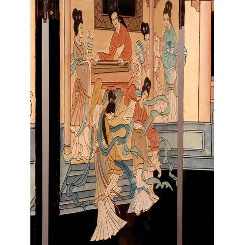 372 - A Japanese inspired four fold room divider/screen, inlaid hardstone decoration depicting figures in ... 