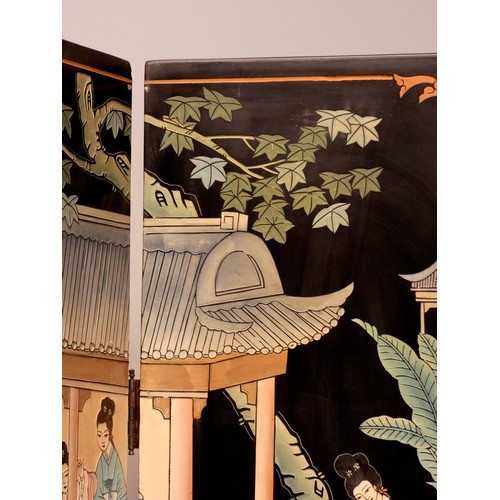 372 - A Japanese inspired four fold room divider/screen, inlaid hardstone decoration depicting figures in ... 