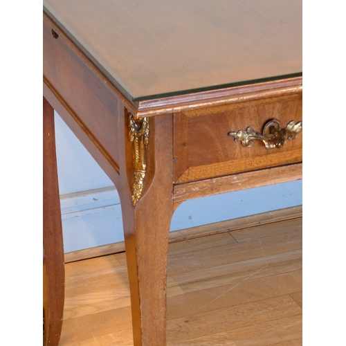 374 - A mahogany table / desk, with a single drawer flanked by two small drawers, repeated on the opposite... 