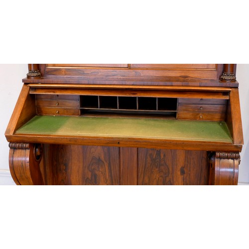 379 - A Victorian rosewood & mahogany bureau desk having a twin door bookcase top with optional top sectio... 