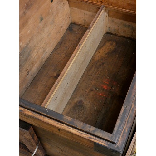 387 - A substantial pitch pine carpenters / tool chest, early 20th century, lockable (including key) hinge... 