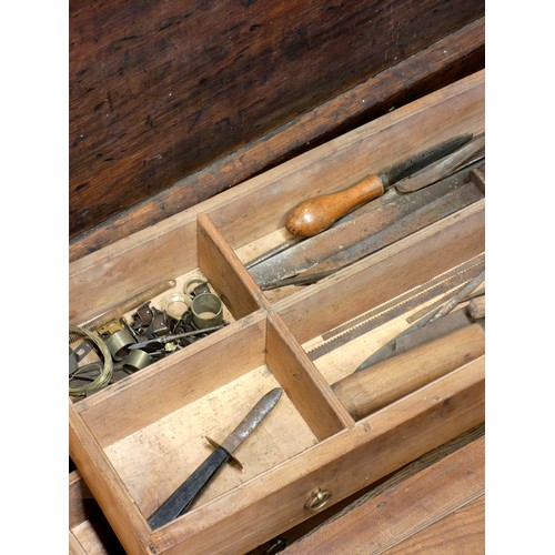 387 - A substantial pitch pine carpenters / tool chest, early 20th century, lockable (including key) hinge... 