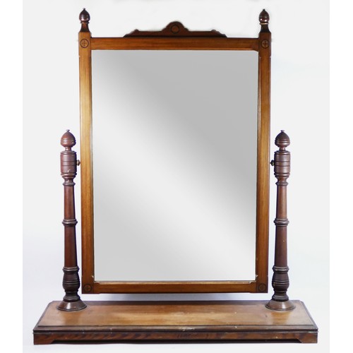 390 - A Victorian Aesthetic Movement stained pine swing mirror, with inlay and turned finials, 91 x 80cm.