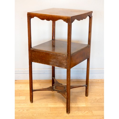 394 - A George III mahogany washstand, having squared top over centralised shelf with single drawer below,... 