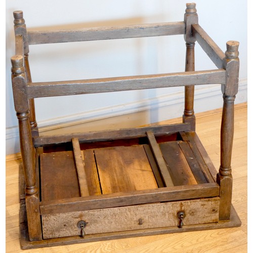 402 - An early 18th century lowboy, the two plank moulded top over a single frieze drawer with brass drop ... 