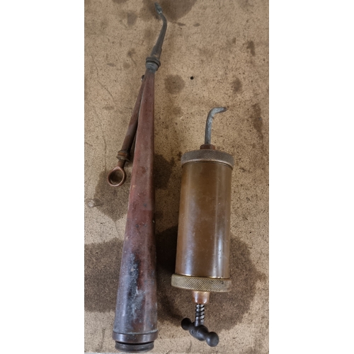 76 - A vintage brass conical grease/oil dispenser, 49cm and a brass grease pump, 2 1/2