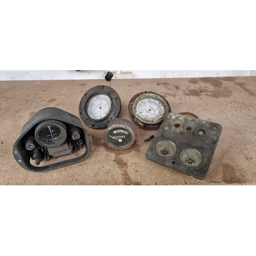 74 - Two Telegauge petrol gauges, an Engine Oiling gauge, a CAV voltmeter and ampere gauge and another am... 