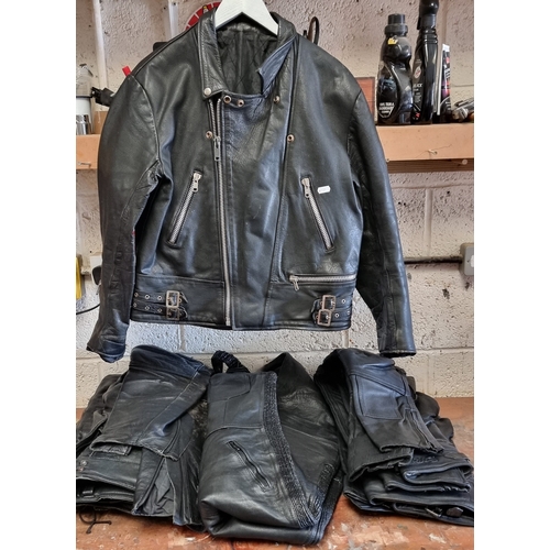 132 - A Leather Collection leather jacket, size large, together with a leather pair of ladies bib trousers... 