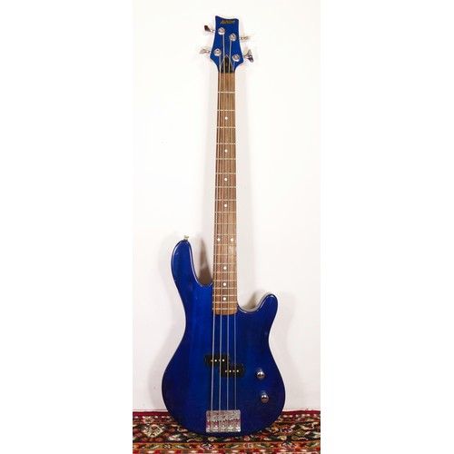 An Ashton bass guitar, model AB2, blue stained wood body, bolt on neck, chrome hardware, in an Ashton guitar hard case