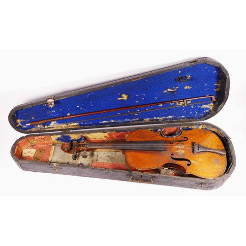 231 - A German made violin, labelled internally with “made in Germany”, two bridges, together with a unbra... 