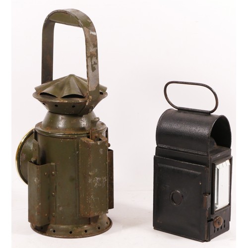 37 - A green War Dept 3 aspect handlamp complete with burner, together with a small unmarked hand lantern... 