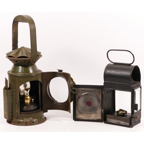 37 - A green War Dept 3 aspect handlamp complete with burner, together with a small unmarked hand lantern... 