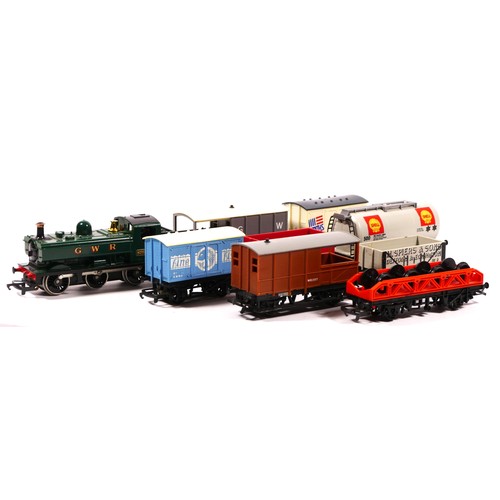 65 - A collection of unbranded OO gauge locos and wagons to include a G.W.R 8751 loco, in G.W.R. green li... 