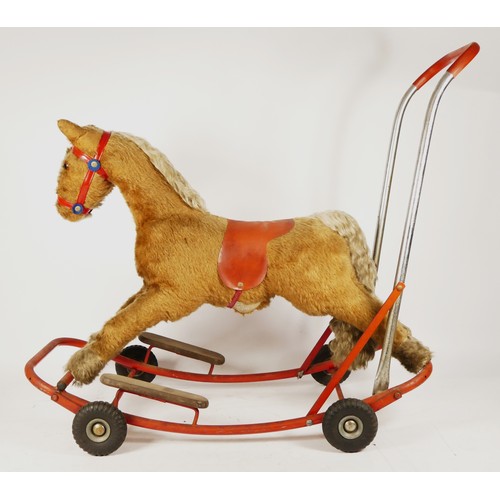 75 - A Lines Bros Ltd child's rocking horse / push-a-long toy, steel frame with folding wheels transformi... 