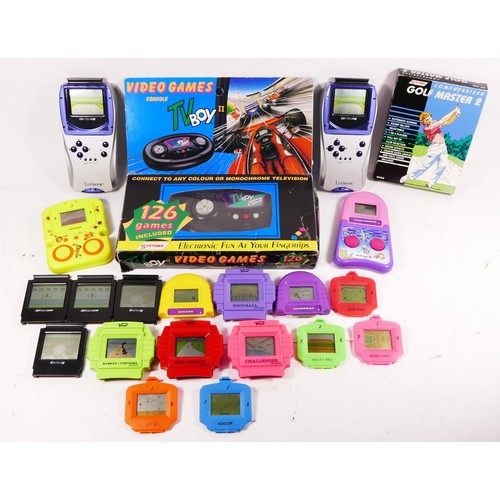 130 - Four electronic handhelds, with interchangeable games, to include two Lexibook juniors, with Car Rac... 