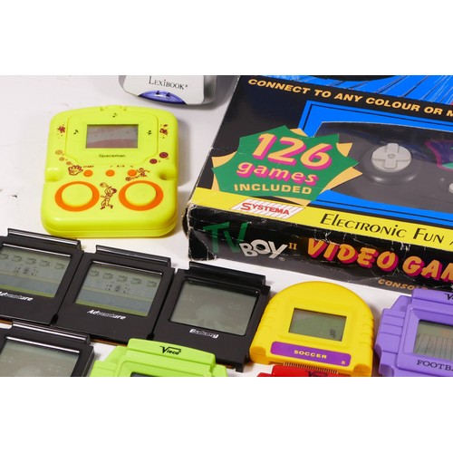 130 - Four electronic handhelds, with interchangeable games, to include two Lexibook juniors, with Car Rac... 