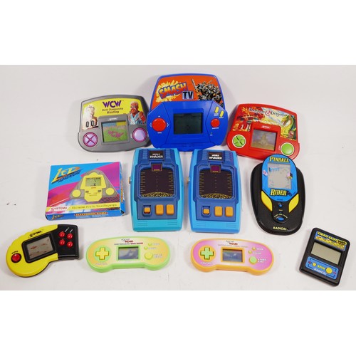 140 - Eight electronic handheld games by Systema, to include Missile Invader (x2), Dungeons & Dragons, WCW... 