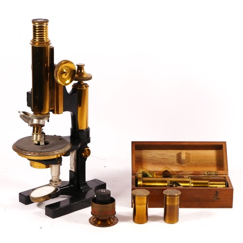 156 - A W. Watsons & Sons Ltd microscope, with brass arm and coarse focus, together with two brass twist t... 