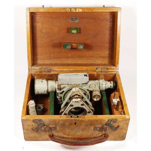 159 - A A.H. Hall & Bros theodolite, serial No 53614, 27cm long, with accessories, in a wooden case with a... 