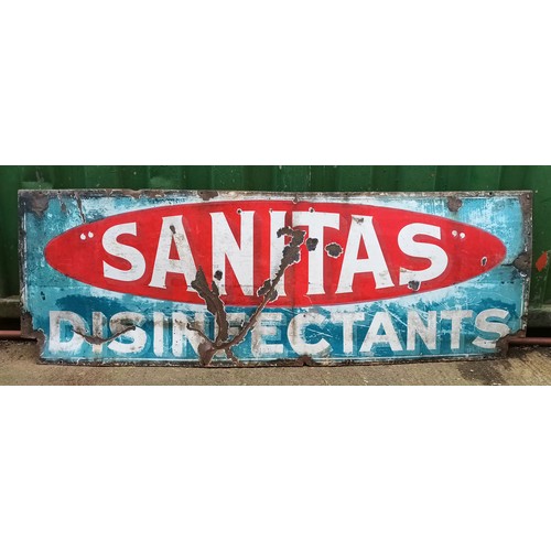 167 - A vitreous enamel single sided sign, Sanitas disinfectants, 182cm x 31cm