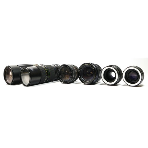 171 - Four manual camera lens, to include a Hellios 85mm-210mm f3.8, a Soligor 200mm f3.5, a Sigma XQ 28mm... 