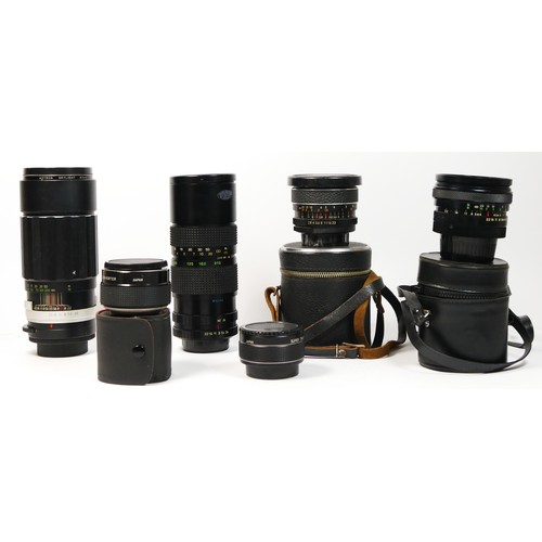 171 - Four manual camera lens, to include a Hellios 85mm-210mm f3.8, a Soligor 200mm f3.5, a Sigma XQ 28mm... 