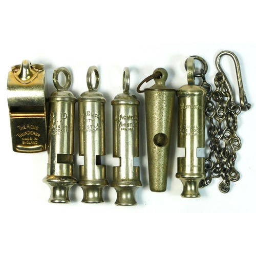 325 - Six vintage whistles, including A.R.P. J. Hudson