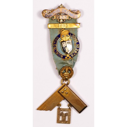 322 - A 9ct gold and enamel Masonic jewel, Burlington Lodge, no. 3975, London 1933, 30.4gm, case