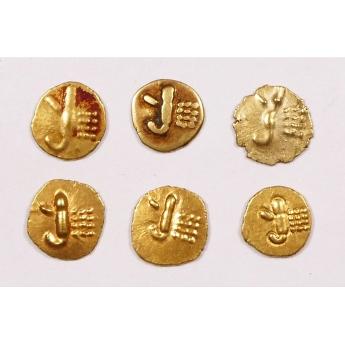 359 - Rajahs of Cochin & Kalicut, six gold Fanams, 2.2gm.
Provenance; purchased Ian Johnson Coins, Manches... 