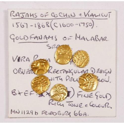 360 - Rajahs of Cochin & Kalicut, six gold Fanams, 2.4gm.
Provenance; purchased Ian Johnson Coins, Manches... 