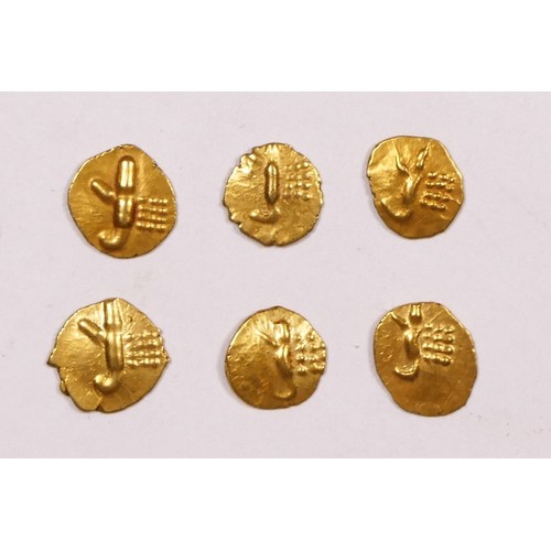 360 - Rajahs of Cochin & Kalicut, six gold Fanams, 2.4gm.
Provenance; purchased Ian Johnson Coins, Manches... 