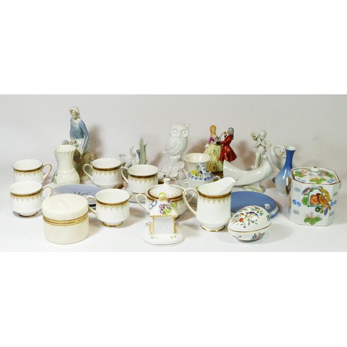 52 - A collection of ceramics and glassware, to include Lladro and Nao figures, Royal Copenhagen pin dish... 