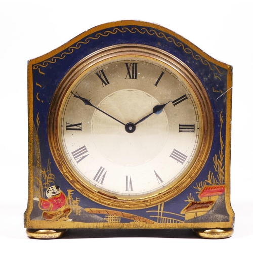 70 - An Edwardian Chinoiserie mantel clock, blue case with gilt and red decoration, 13cm, main spring bro... 