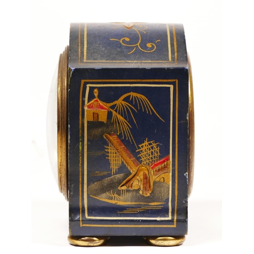 70 - An Edwardian Chinoiserie mantel clock, blue case with gilt and red decoration, 13cm, main spring bro... 