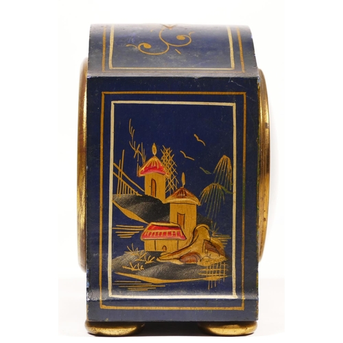 70 - An Edwardian Chinoiserie mantel clock, blue case with gilt and red decoration, 13cm, main spring bro... 