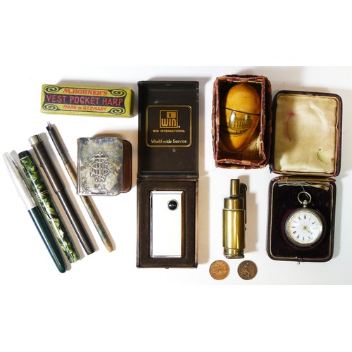 74 - A selection of collectables to include fountain pens, a miniature bible, a ladies silver cased pocke... 