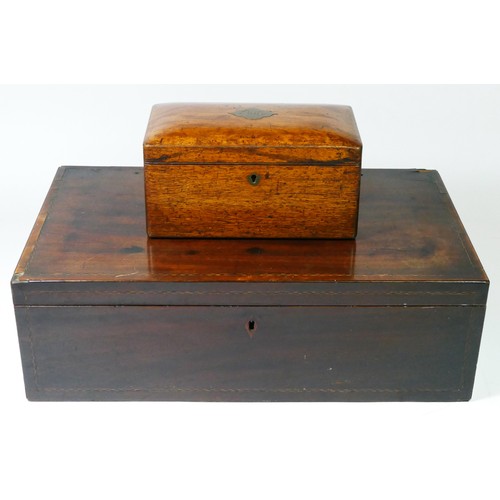 96 - A Victorian mahogany inlaid writing slope, the hinged lid opening to fitted interior, 49x28cm, toget... 