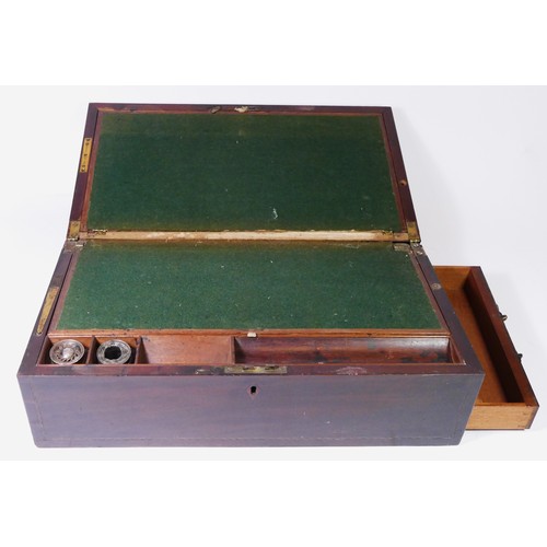 96 - A Victorian mahogany inlaid writing slope, the hinged lid opening to fitted interior, 49x28cm, toget... 