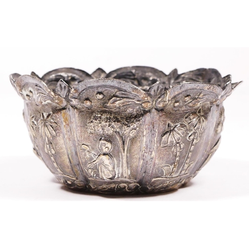 101 - An Indian silver sugar bowl with embossed and chased decoration, diameter 9cm, 50gm