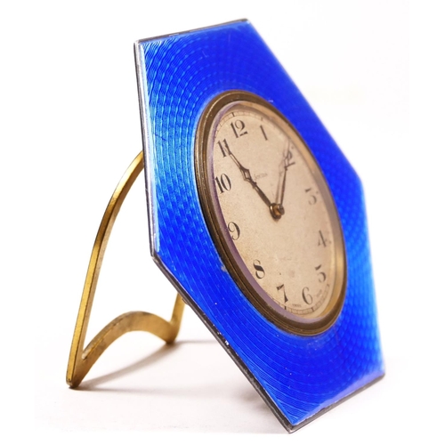 109 - An Art Deco silver and blue guilloche enamel desk clock, Birmingham 1928, 8.5cm