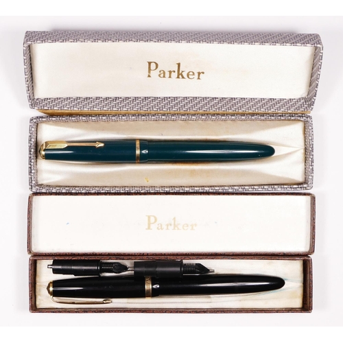 111 - A Parker Maxima Duofold black fountain pen, with 14 ct gold 50 nib, two other metal nibs, case and a... 