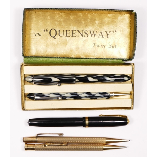 112 - A Queensway Twin Set of biro and propelling pencil, mottled black and white body, case, a Conway Ste... 