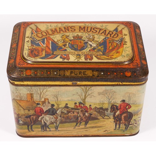 10 - A Victorian Colman's Mustard storage tin, with hunting scene decoration, opening to reveal an inner ... 