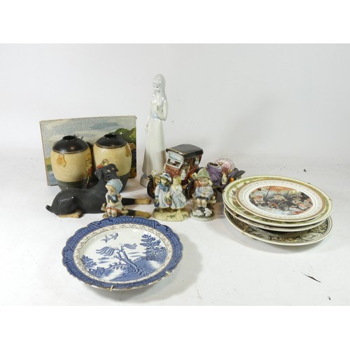 20 - Five collectors plates including a plate from Real Old Willow, stamped A8025, a ceramic figure of a ... 