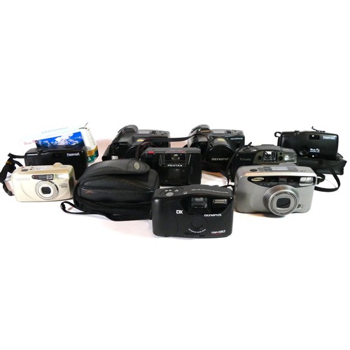 49 - Nine film cameras to include an Olympus AF Zoom (x2), a Pentax PC333, a Canon Sureshot AF7, an Olymp... 