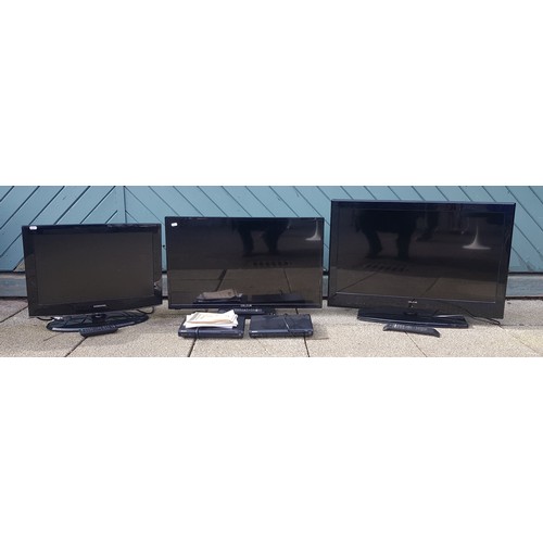 30 - Two Celcus 32inch LCD TV's, together with a Samsung 22inch TV, two Sony DVD players and a Canon flat... 